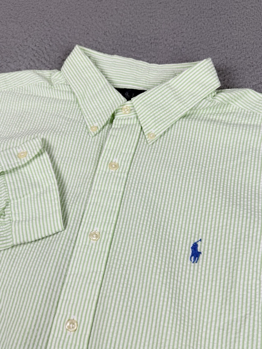 Ralph Lauren Shirt Mens XXL Custom Fit Green White Striped Sheersucker Button